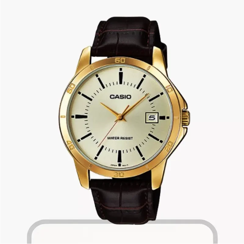 Casio Gold Dial Brown Leather Men's Watch- MTP-V004GL-9A